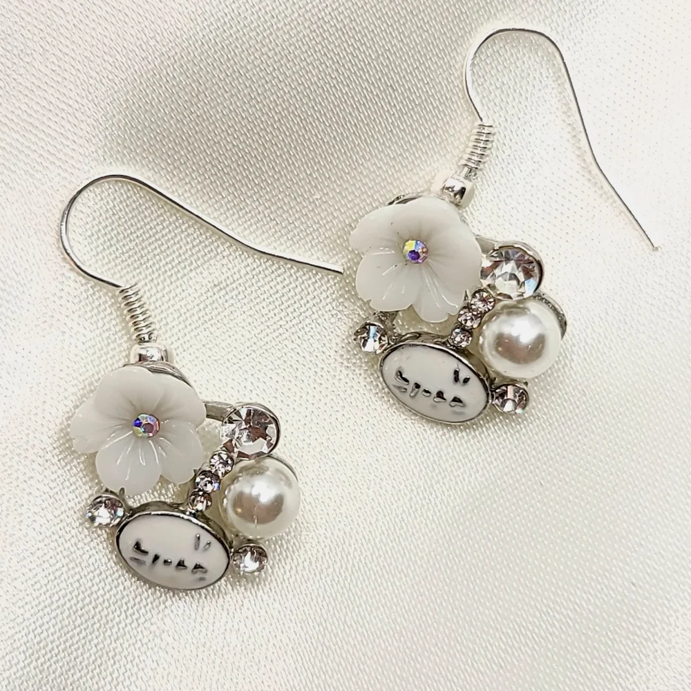 White Flower Pear Rhinestone Crystal Earrings